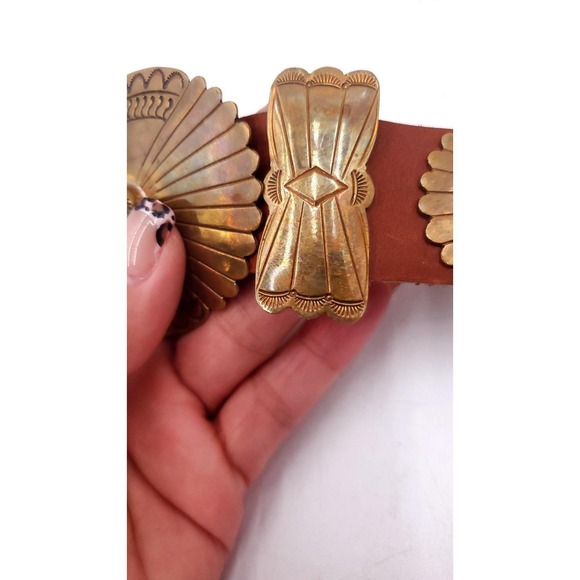 Vintage Handmade Brass Leather Navajo Concho Belt Turquoise Butterfly 32"-37" - Picture 9 of 12